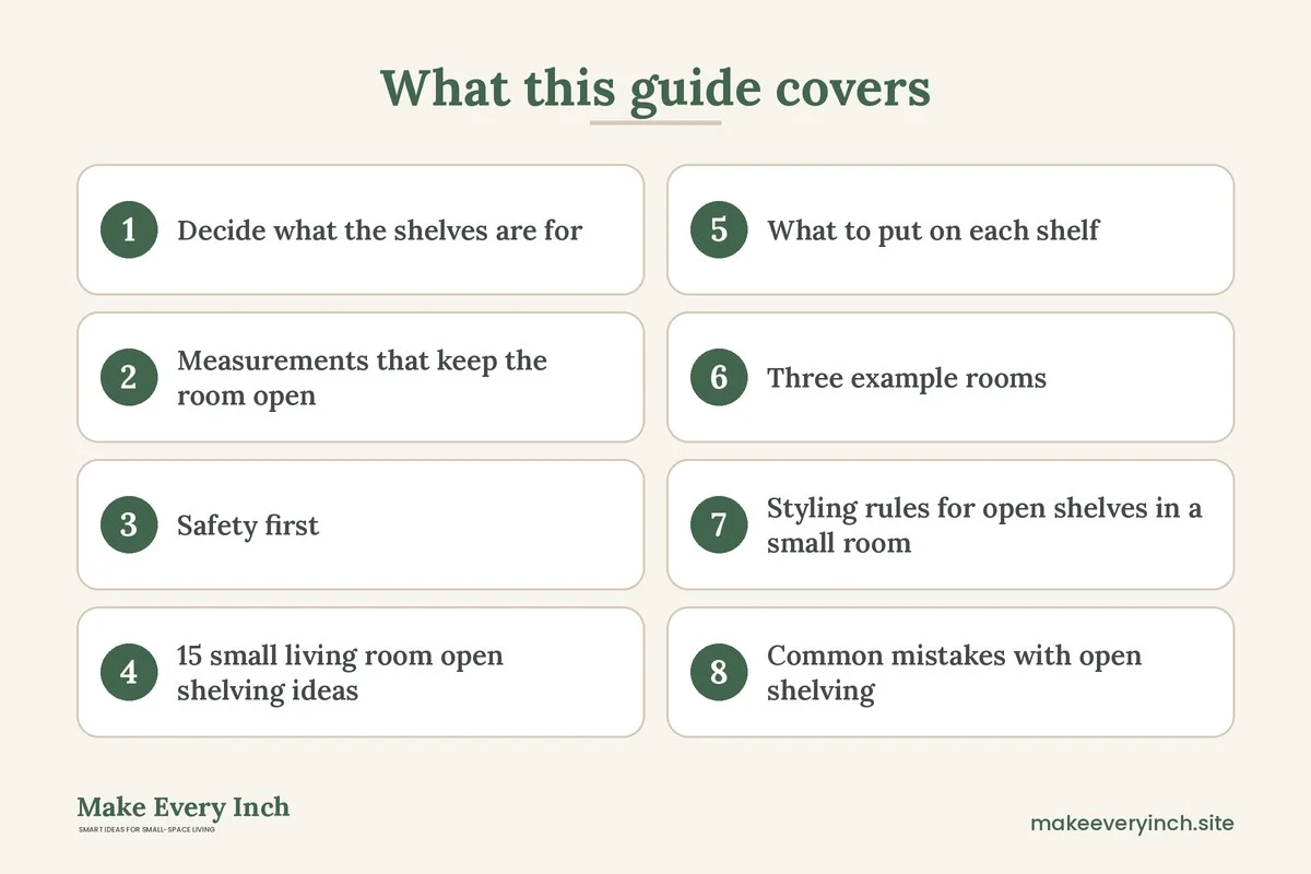 Graphic listing 8 topics covered in: 15 Small Living Room Ideas with Open Shelving That Stay Tidy