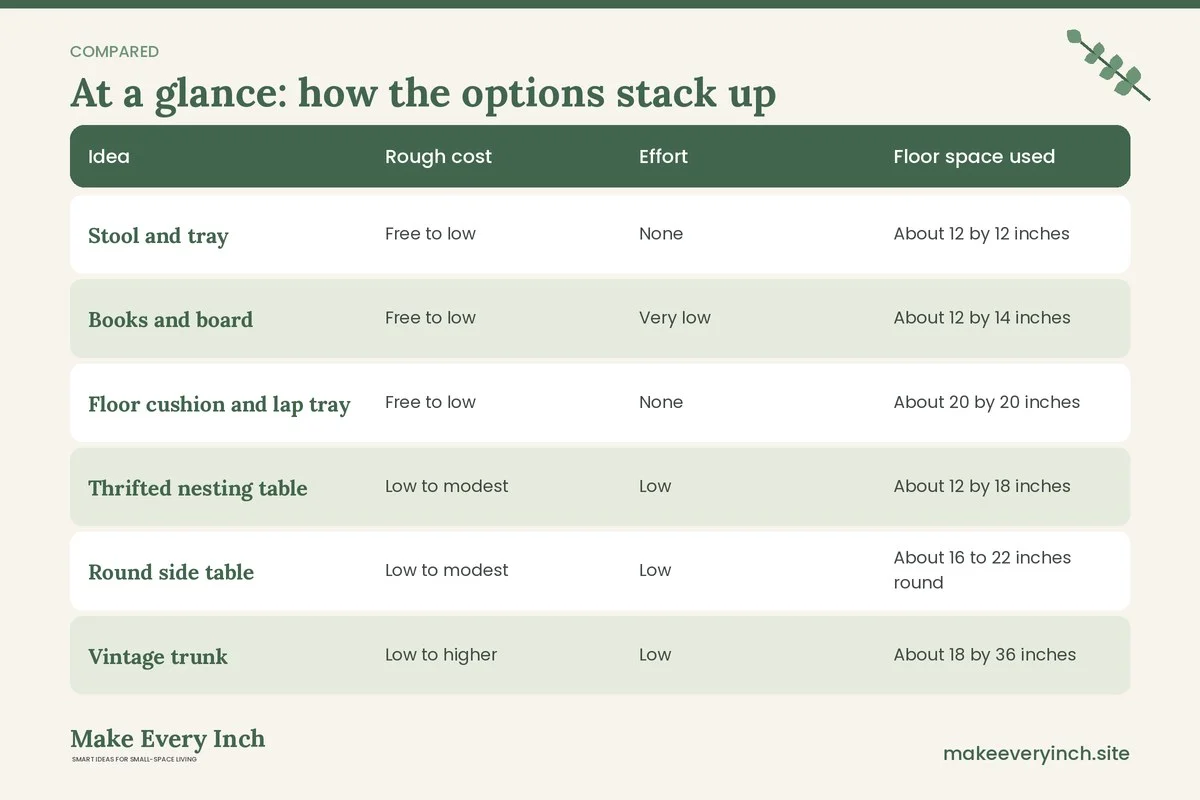 Comparison table of options for: 16 Small Living Room Ideas Without a Coffee Table Budget Fixes That Cost Little (Idea, Rough cost, Effort, Floor space used)