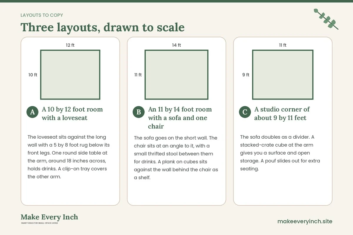 Three room layouts drawn to scale with dimensions and placement notes for: 16 Small Living Room Ideas Without a Coffee Table Budget Fixes That Cost Little