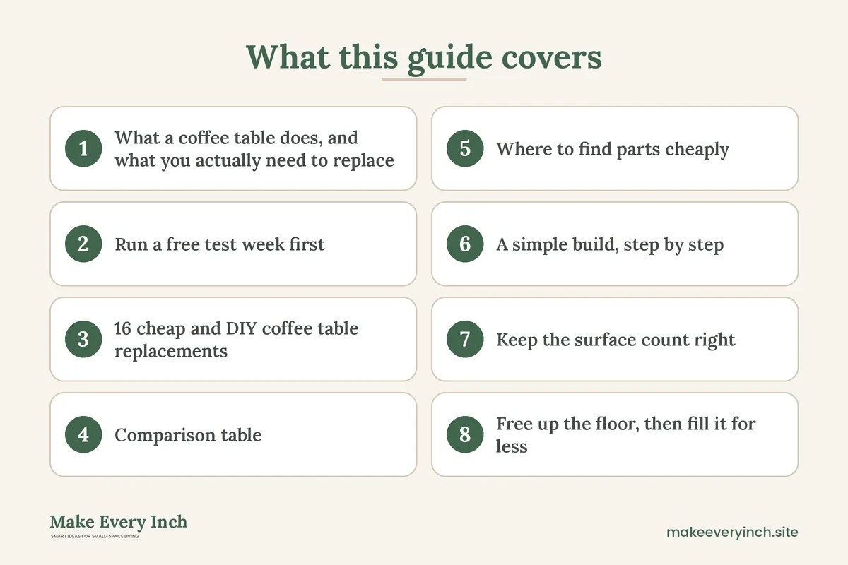 Graphic listing 8 topics covered in: 16 Small Living Room Ideas Without a Coffee Table Budget Fixes That Cost Little