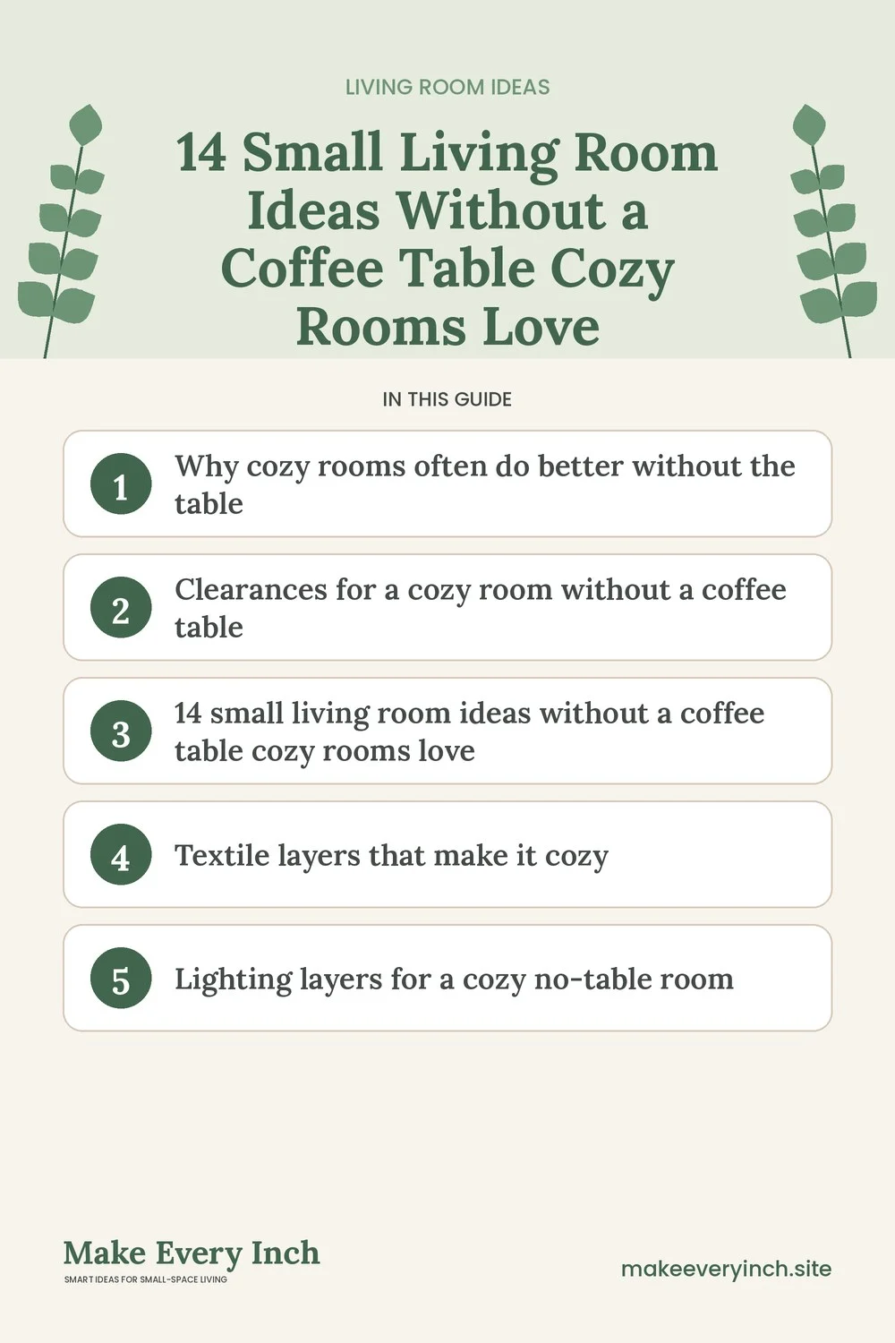 Pinterest pin listing the main topics in: 14 Small Living Room Ideas Without a Coffee Table Cozy Rooms Love