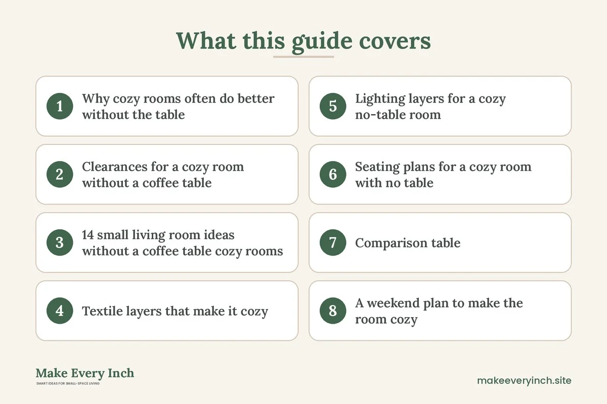 Graphic listing 8 topics covered in: 14 Small Living Room Ideas Without a Coffee Table Cozy Rooms Love