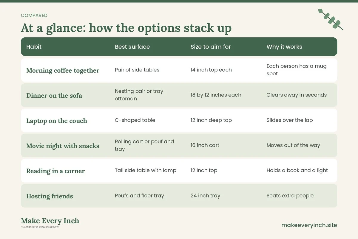 Comparison table of options for: 14 Small Living Room Ideas Without a Coffee Table for Couples (Habit, Best surface, Size to aim for, Why it works)