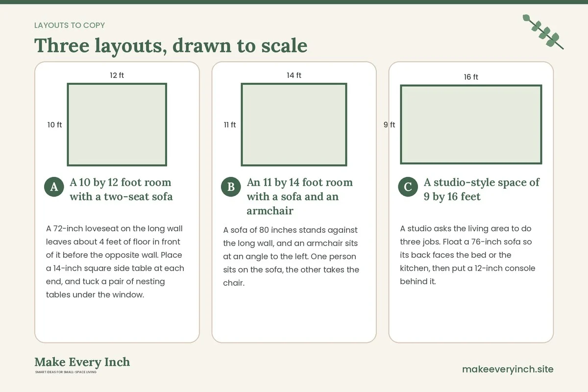Three room layouts drawn to scale with dimensions and placement notes for: 14 Small Living Room Ideas Without a Coffee Table for Couples