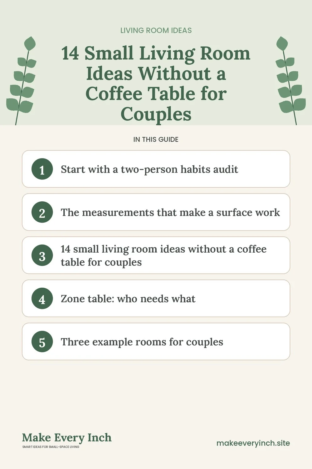 Pinterest pin listing the main topics in: 14 Small Living Room Ideas Without a Coffee Table for Couples