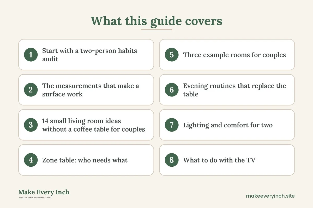 Graphic listing 8 topics covered in: 14 Small Living Room Ideas Without a Coffee Table for Couples
