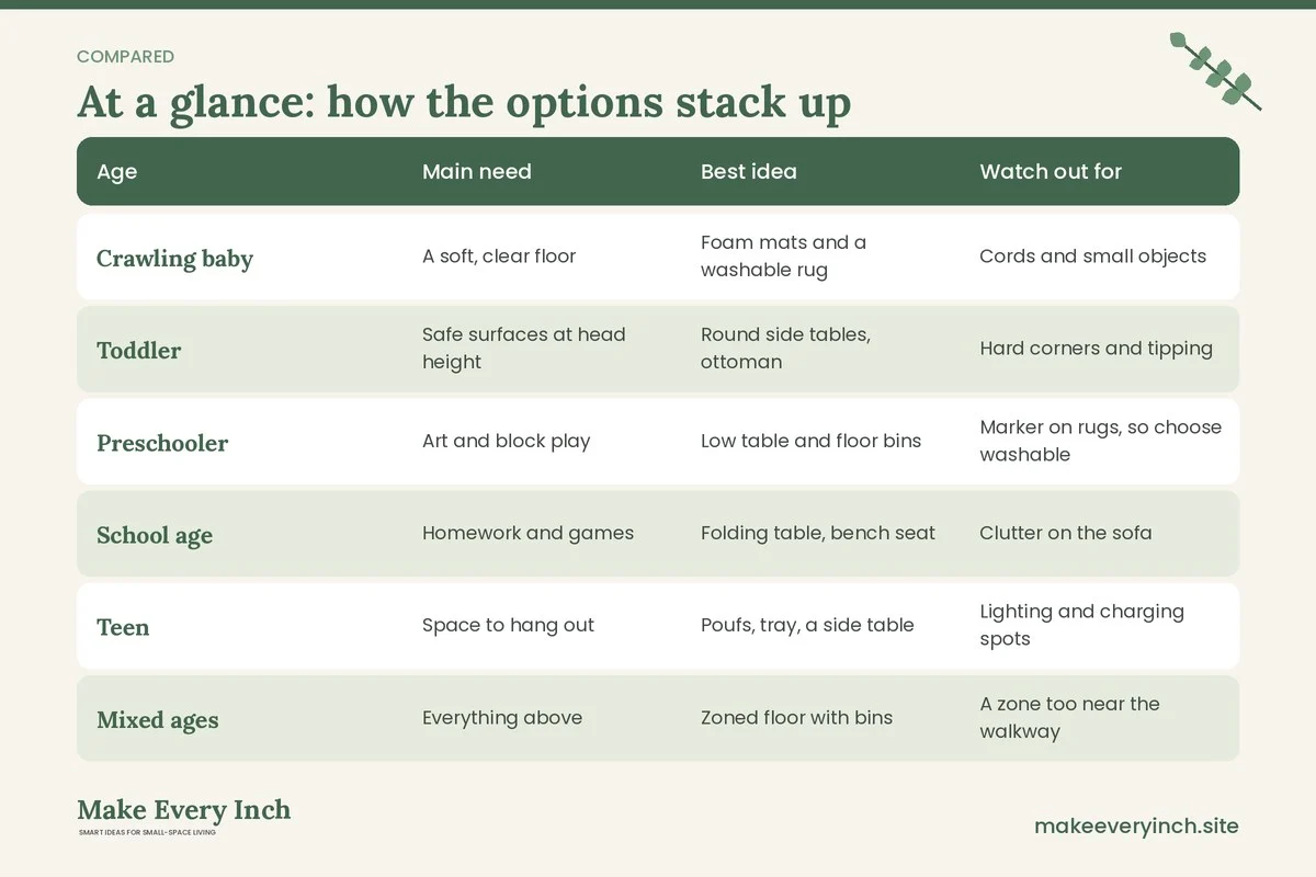 Comparison table of options for: 15 Small Living Room Ideas Without a Coffee Table for Families (Age, Main need, Best idea, Watch out for)