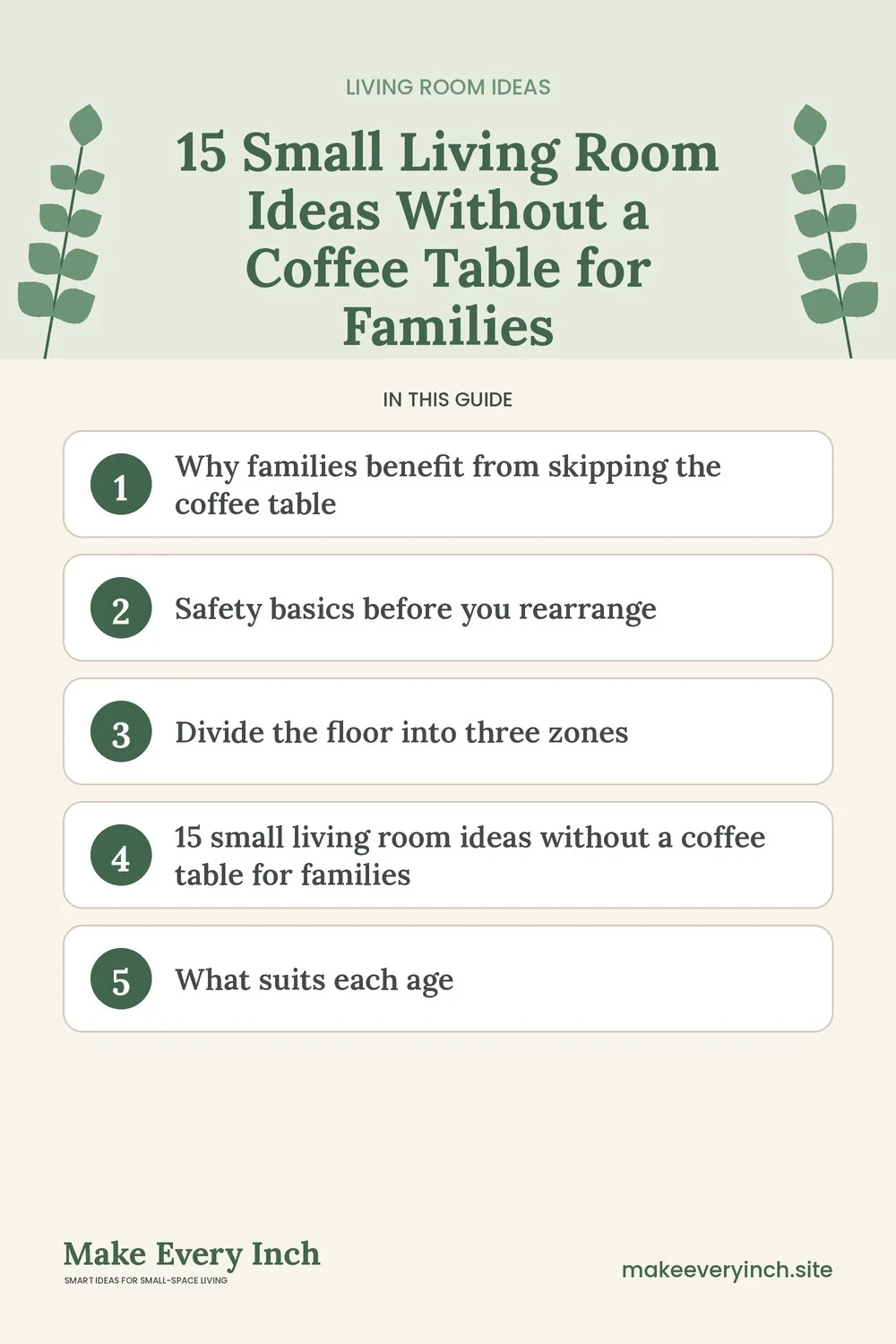 Pinterest pin listing the main topics in: 15 Small Living Room Ideas Without a Coffee Table for Families