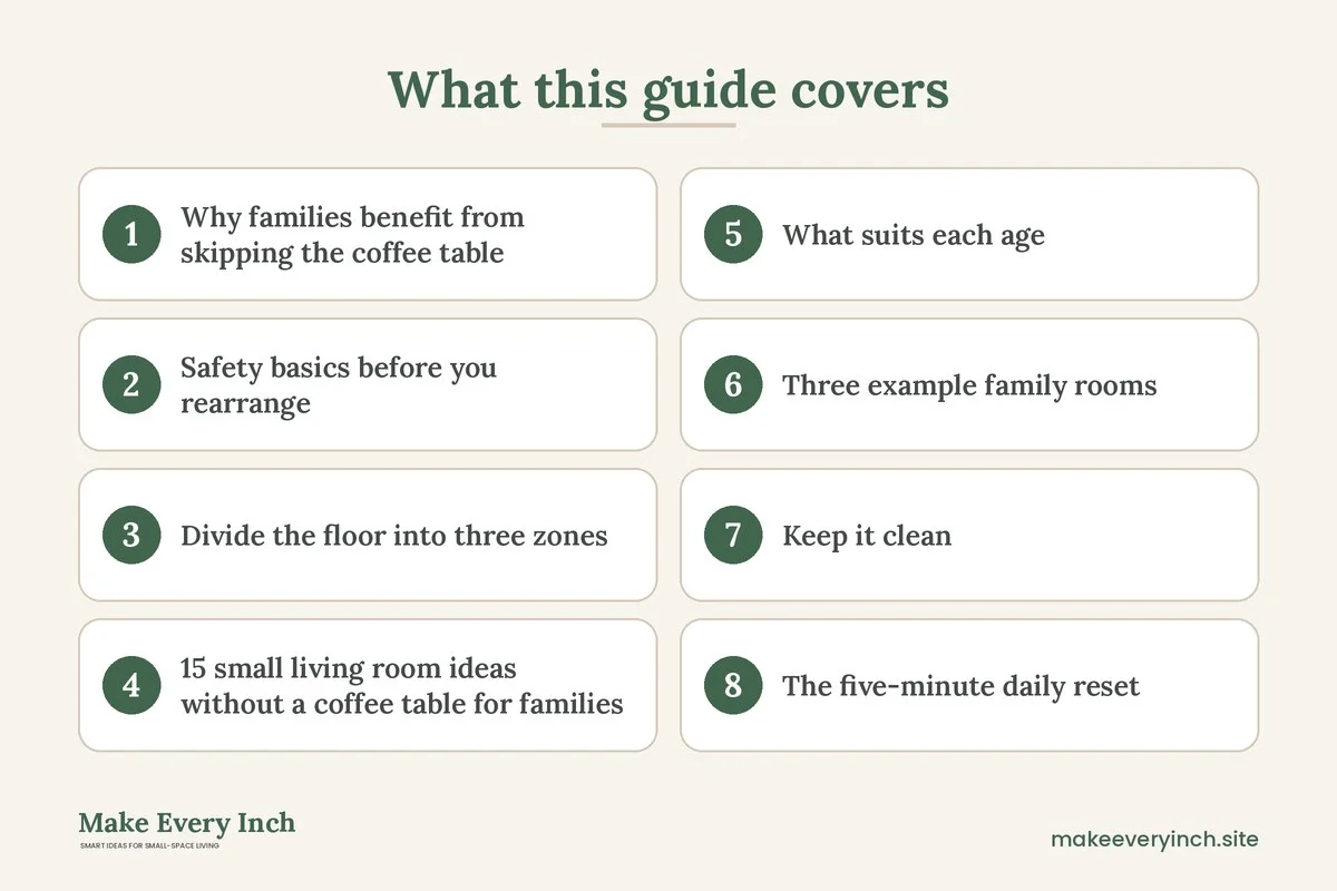 Graphic listing 8 topics covered in: 15 Small Living Room Ideas Without a Coffee Table for Families