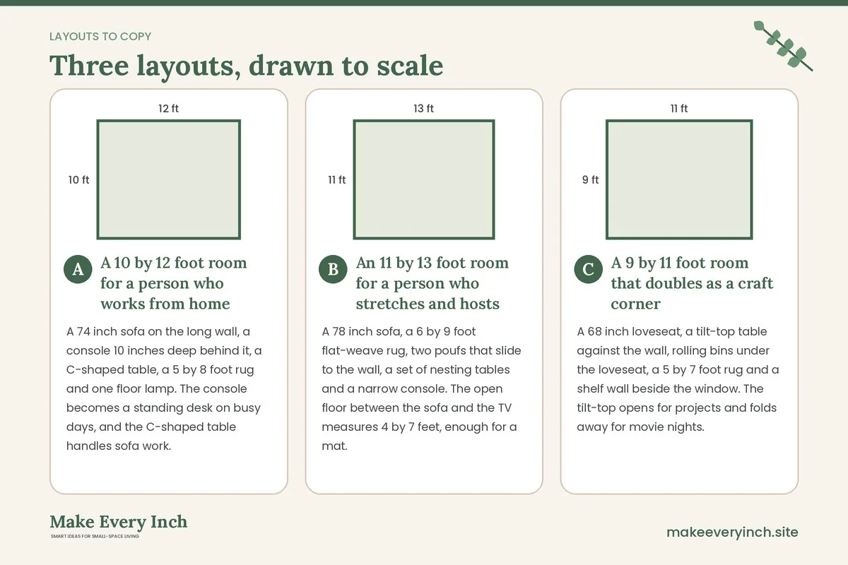 Three room layouts drawn to scale with dimensions and placement notes for: 16 Small Living Room Ideas Without a Coffee Table for Women, Planned Around What You Do