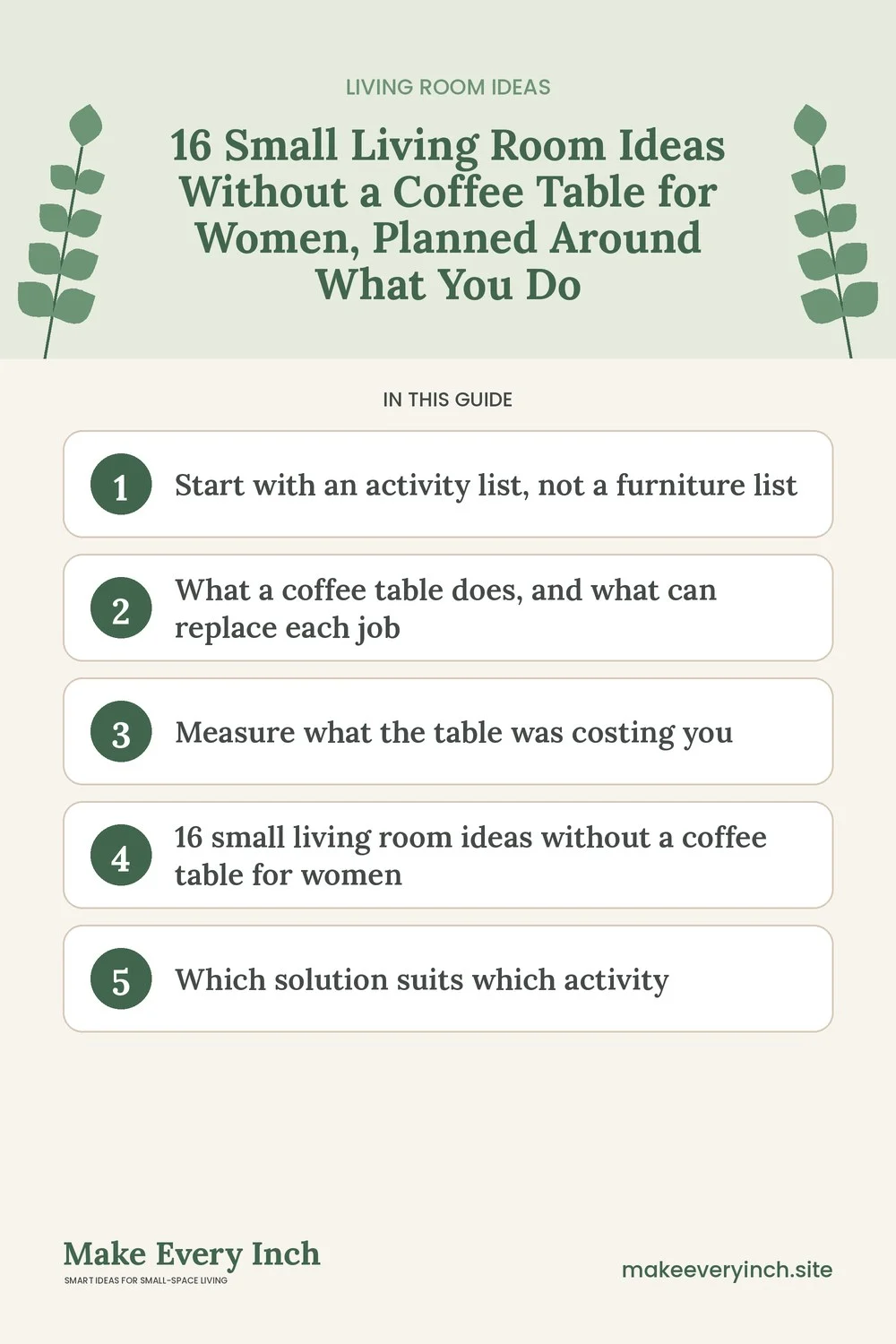 Pinterest pin listing the main topics in: 16 Small Living Room Ideas Without a Coffee Table for Women, Planned Around What You Do