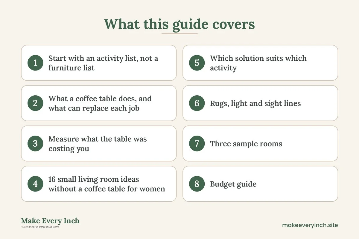 Graphic listing 8 topics covered in: 16 Small Living Room Ideas Without a Coffee Table for Women, Planned Around What You Do