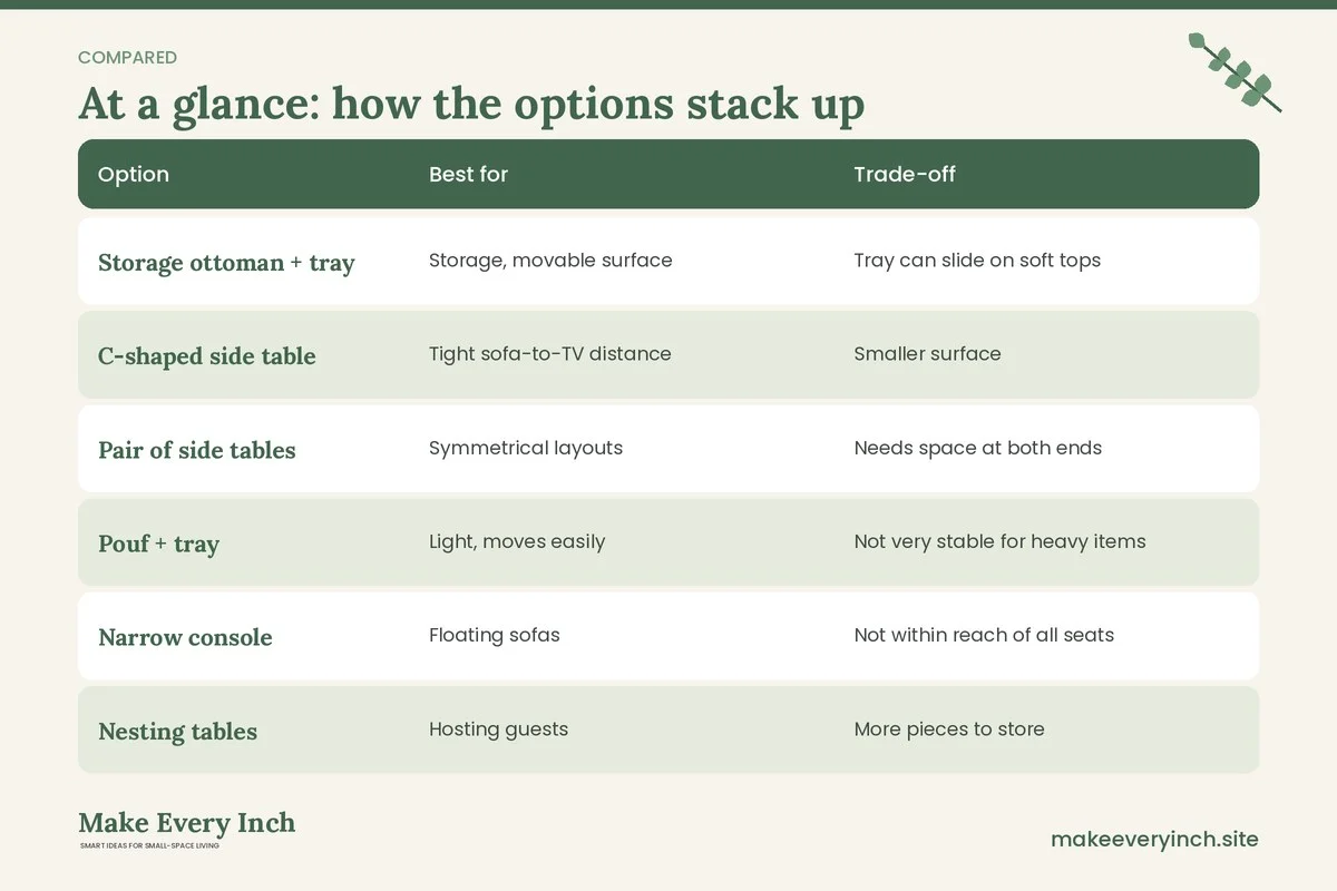 Comparison table of options for: Small Living Room Ideas Without a Coffee Table (Option, Best for, Trade-off)