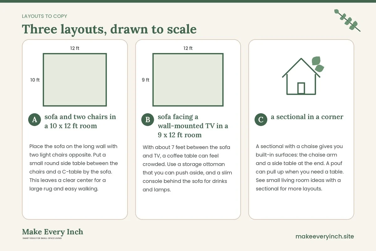 Three room layouts drawn to scale with dimensions and placement notes for: Small Living Room Ideas Without a Coffee Table
