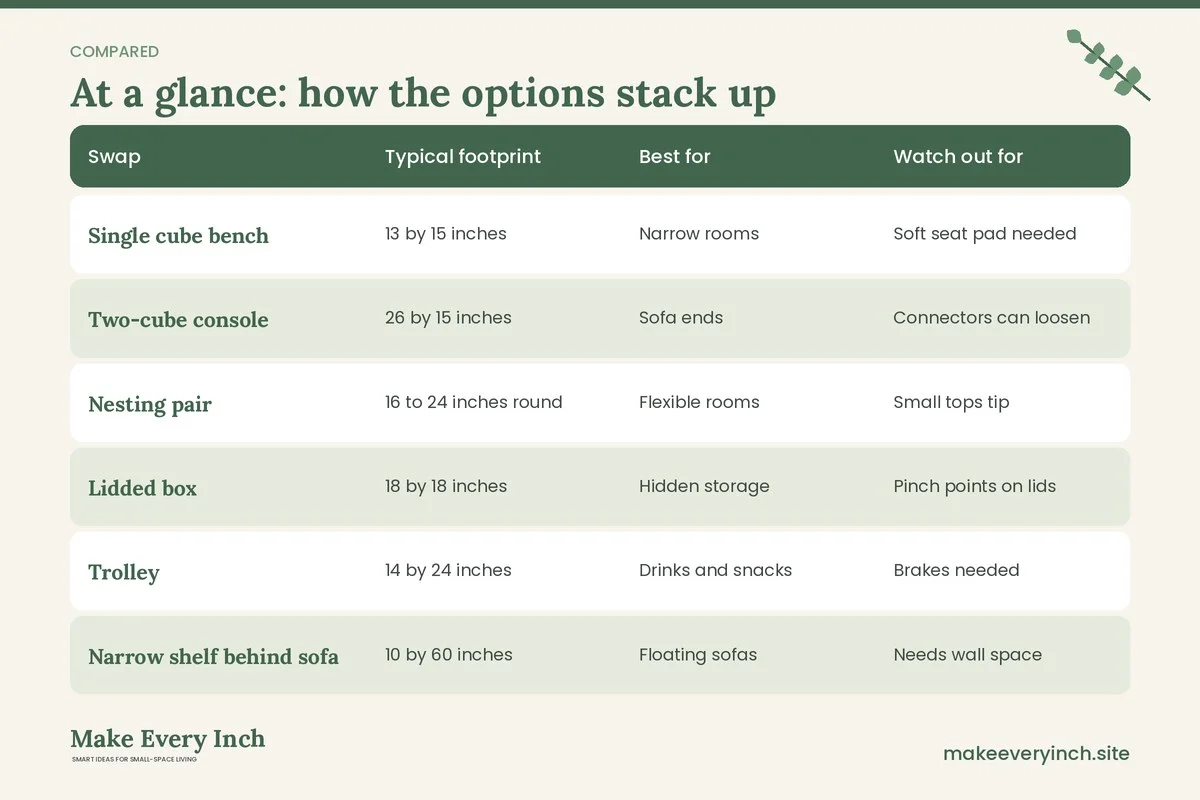 Comparison table of options for: 16 Small Living Room Ideas Without a Coffee Table IKEA Style Flat-Pack Swaps (Swap, Typical footprint, Best for, Watch out for)