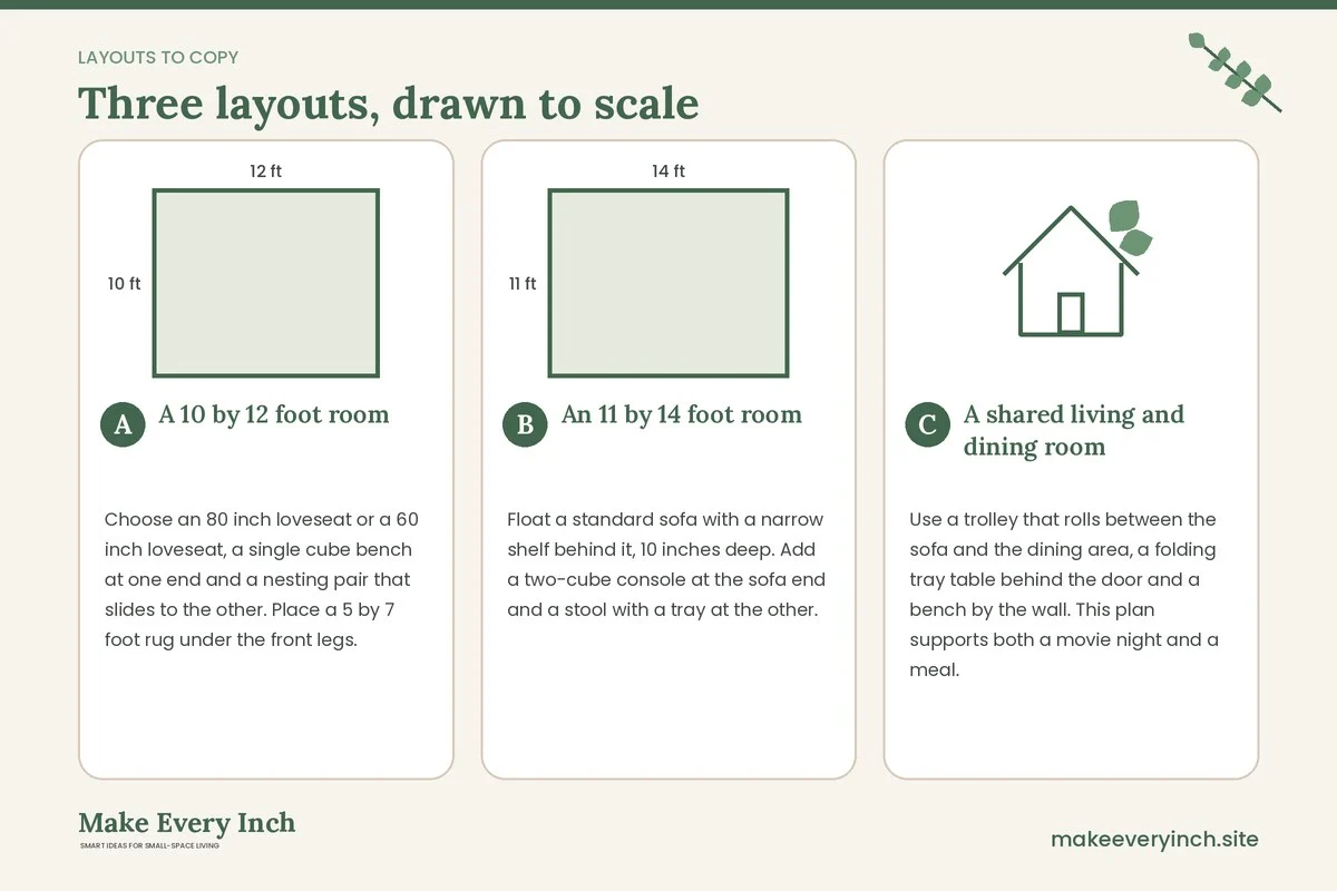 Three room layouts drawn to scale with dimensions and placement notes for: 16 Small Living Room Ideas Without a Coffee Table IKEA Style Flat-Pack Swaps