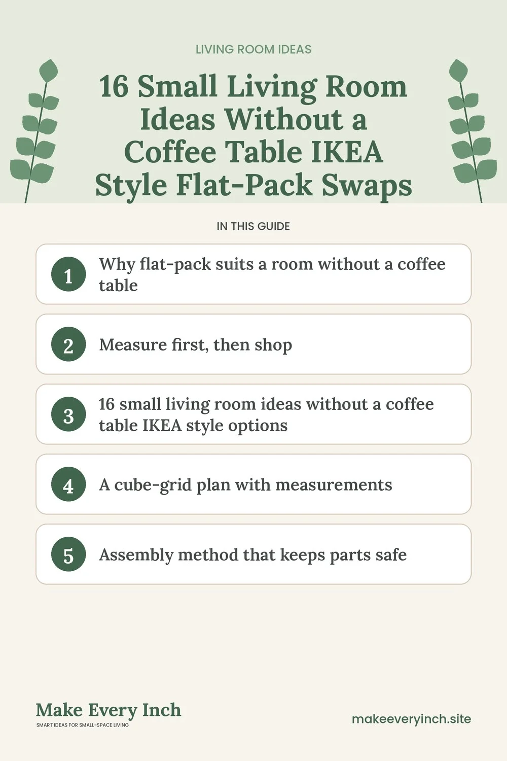 Pinterest pin listing the main topics in: 16 Small Living Room Ideas Without a Coffee Table IKEA Style Flat-Pack Swaps
