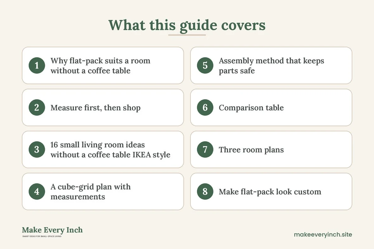 Graphic listing 8 topics covered in: 16 Small Living Room Ideas Without a Coffee Table IKEA Style Flat-Pack Swaps