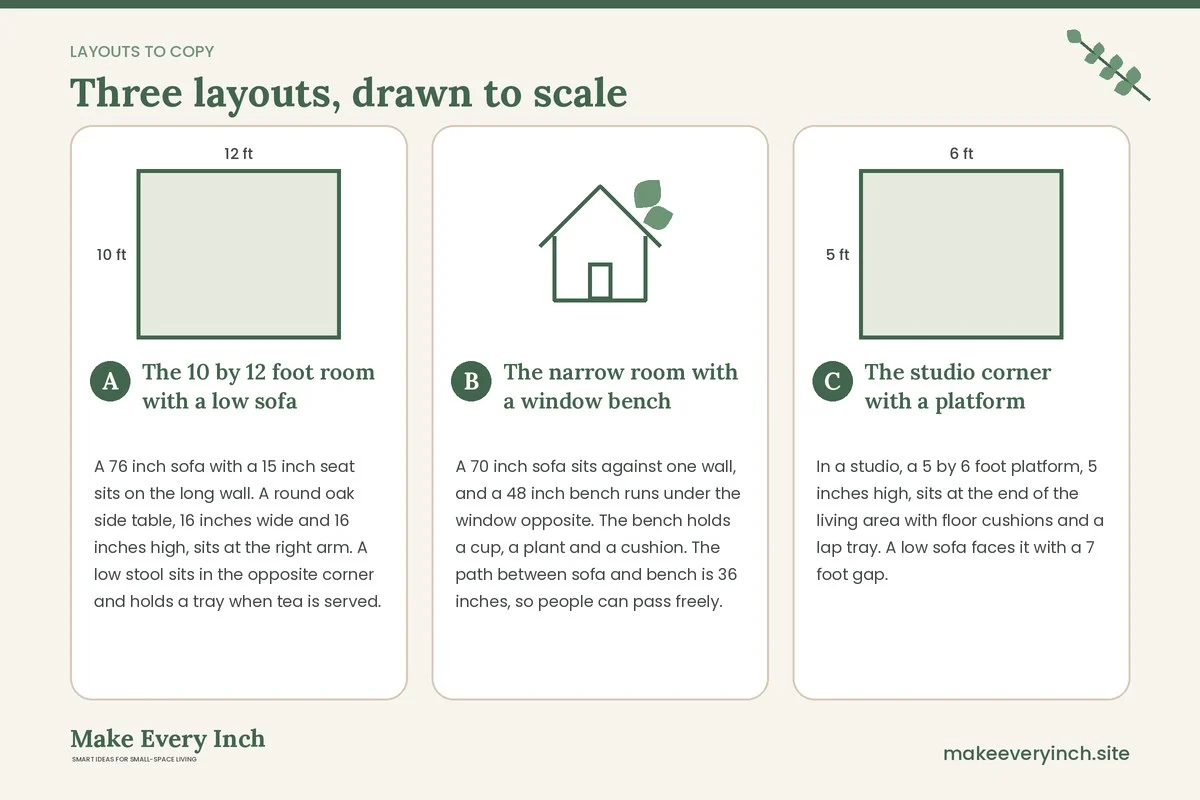 Three room layouts drawn to scale with dimensions and placement notes for: 12 Small Living Room Ideas Without a Coffee Table Japandi Style
