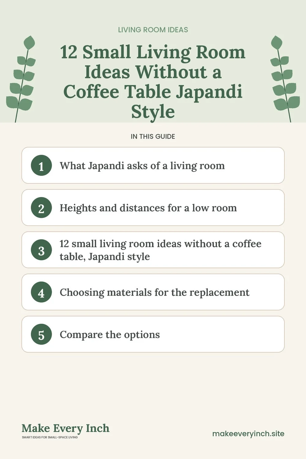 Pinterest pin listing the main topics in: 12 Small Living Room Ideas Without a Coffee Table Japandi Style