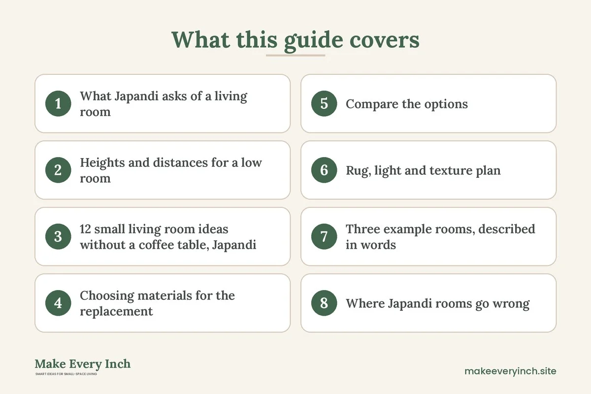 Graphic listing 8 topics covered in: 12 Small Living Room Ideas Without a Coffee Table Japandi Style