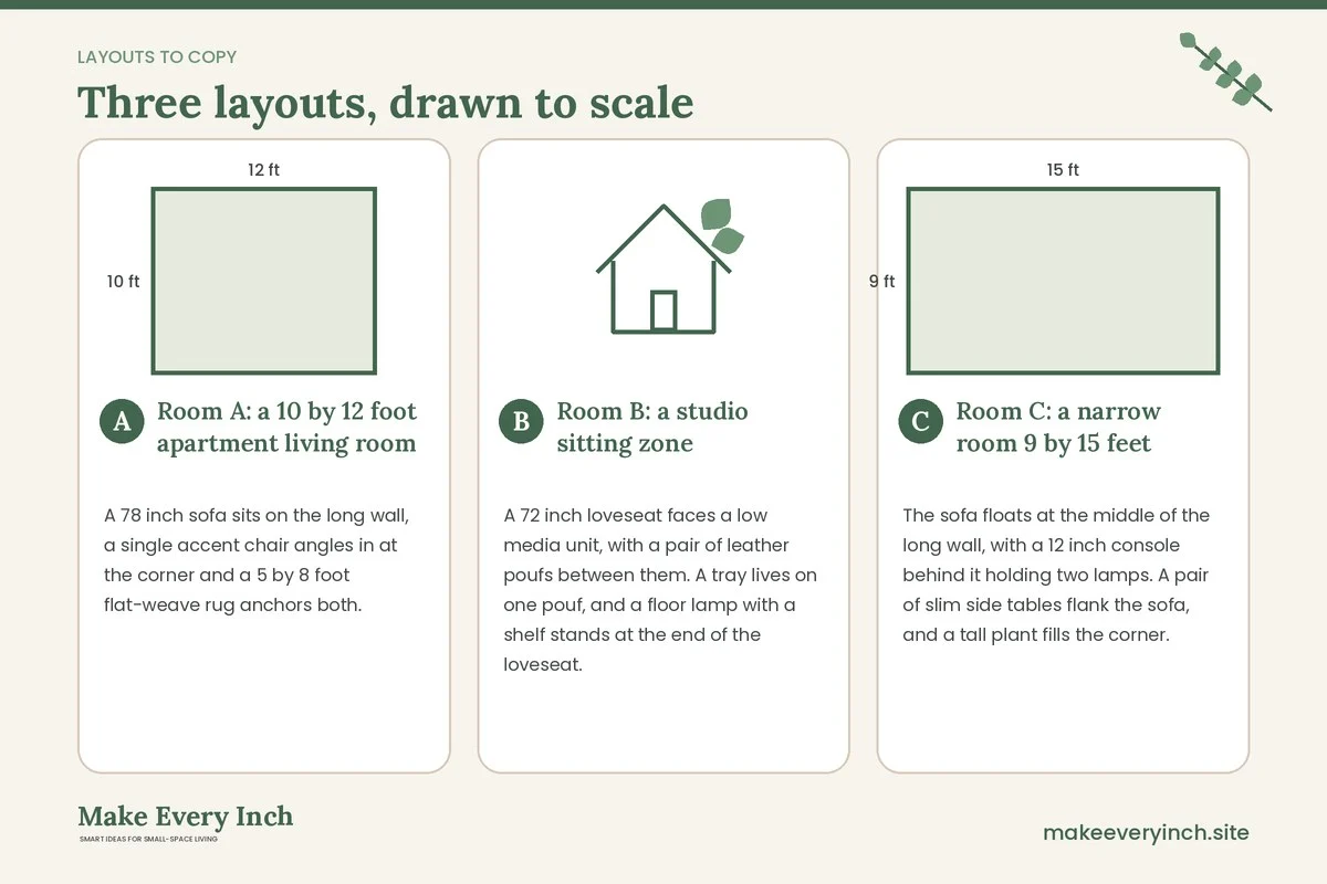 Three room layouts drawn to scale with dimensions and placement notes for: 13 Small Living Room Ideas Without a Coffee Table Modern Rooms Can Use