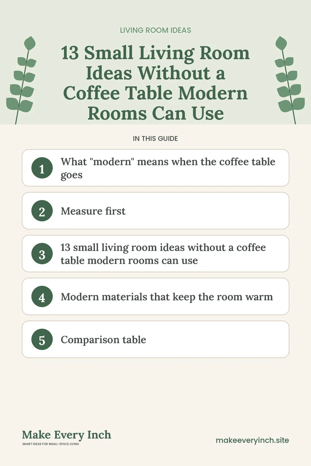 Pinterest pin listing the main topics in: 13 Small Living Room Ideas Without a Coffee Table Modern Rooms Can Use