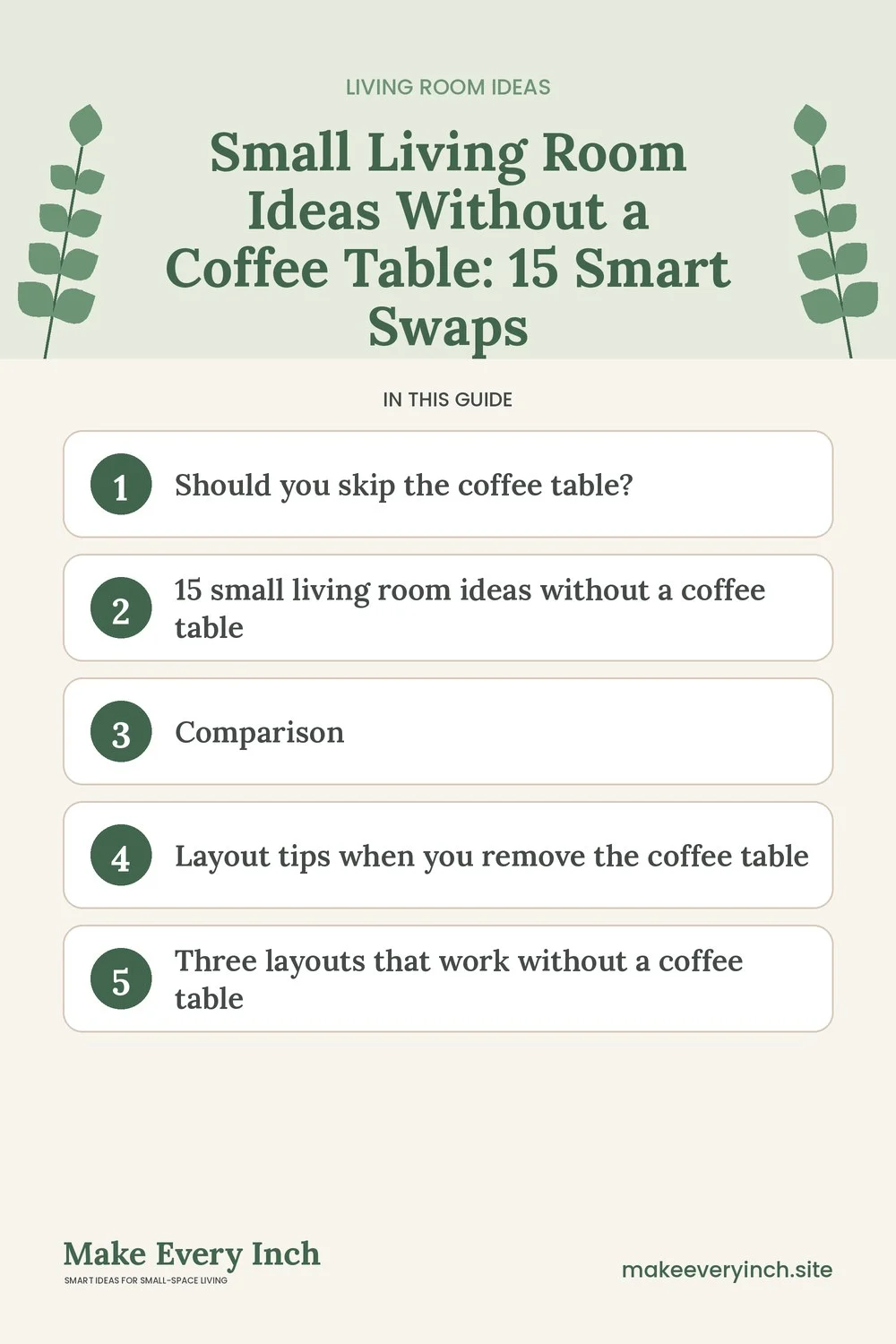 Pinterest pin listing the main topics in: Small Living Room Ideas Without a Coffee Table