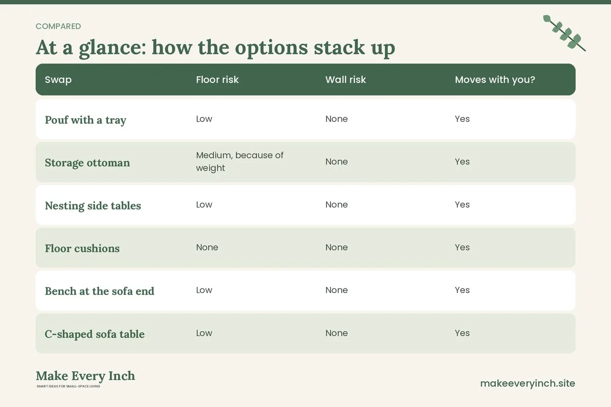 Comparison table of options for: 17 Small Living Room Ideas Without a Coffee Table Renter Friendly Swaps (Swap, Floor risk, Wall risk, Moves with you?)