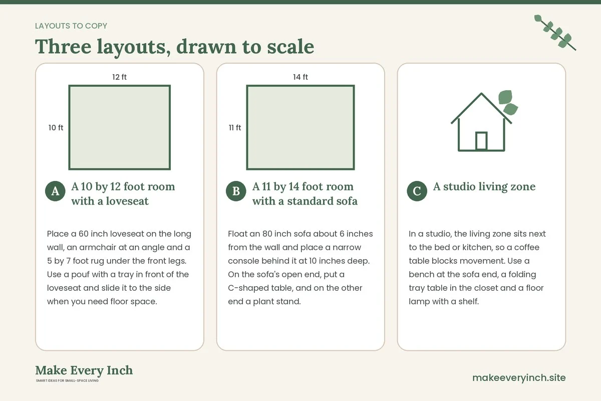 Three room layouts drawn to scale with dimensions and placement notes for: 17 Small Living Room Ideas Without a Coffee Table Renter Friendly Swaps