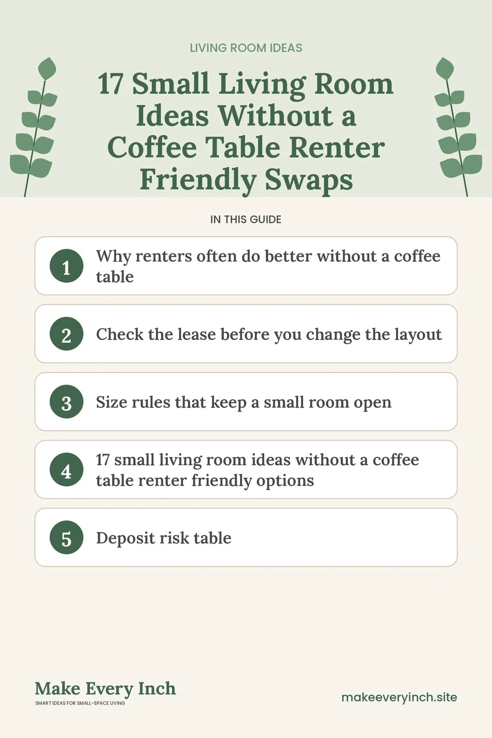 Pinterest pin listing the main topics in: 17 Small Living Room Ideas Without a Coffee Table Renter Friendly Swaps