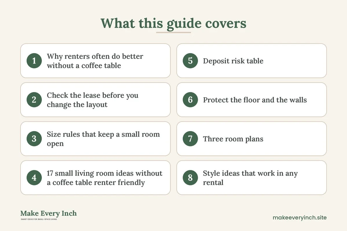 Graphic listing 8 topics covered in: 17 Small Living Room Ideas Without a Coffee Table Renter Friendly Swaps