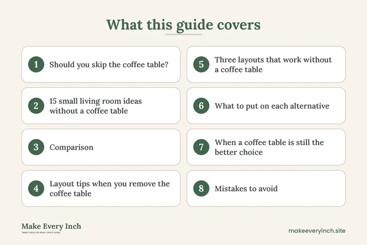 Graphic listing 8 topics covered in: Small Living Room Ideas Without a Coffee Table