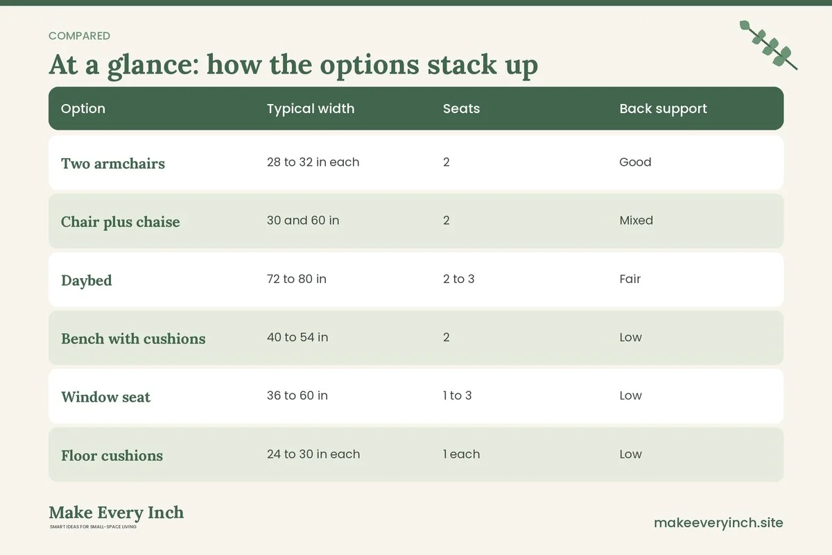 Comparison table of options for: Small Living Room Ideas Without a Sofa (Option, Typical width, Seats, Back support)