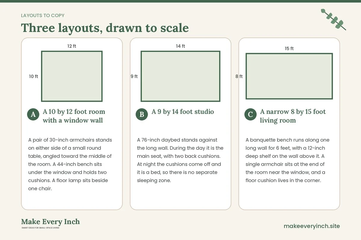 Three room layouts drawn to scale with dimensions and placement notes for: Small Living Room Ideas Without a Sofa
