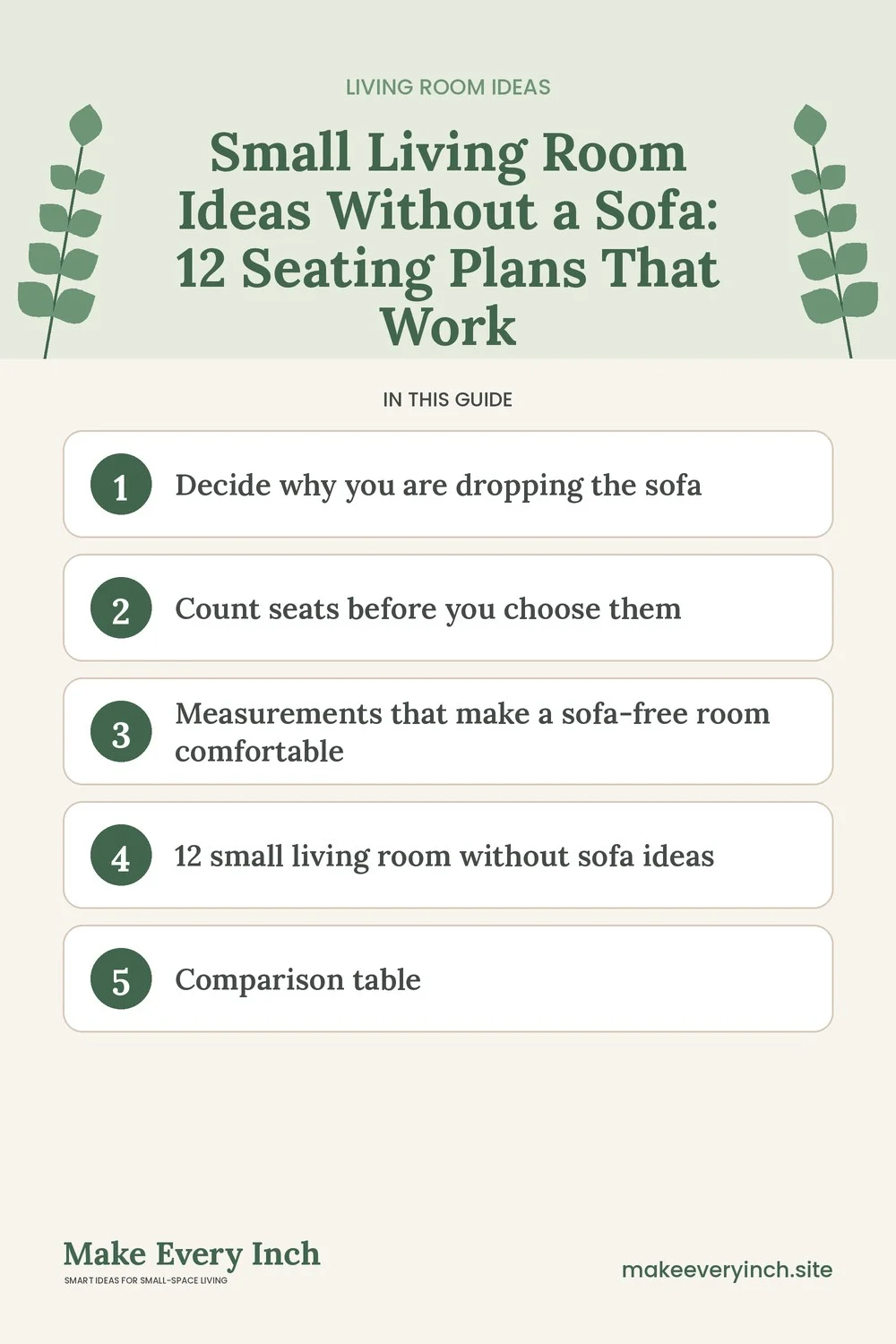 Pinterest pin listing the main topics in: Small Living Room Ideas Without a Sofa