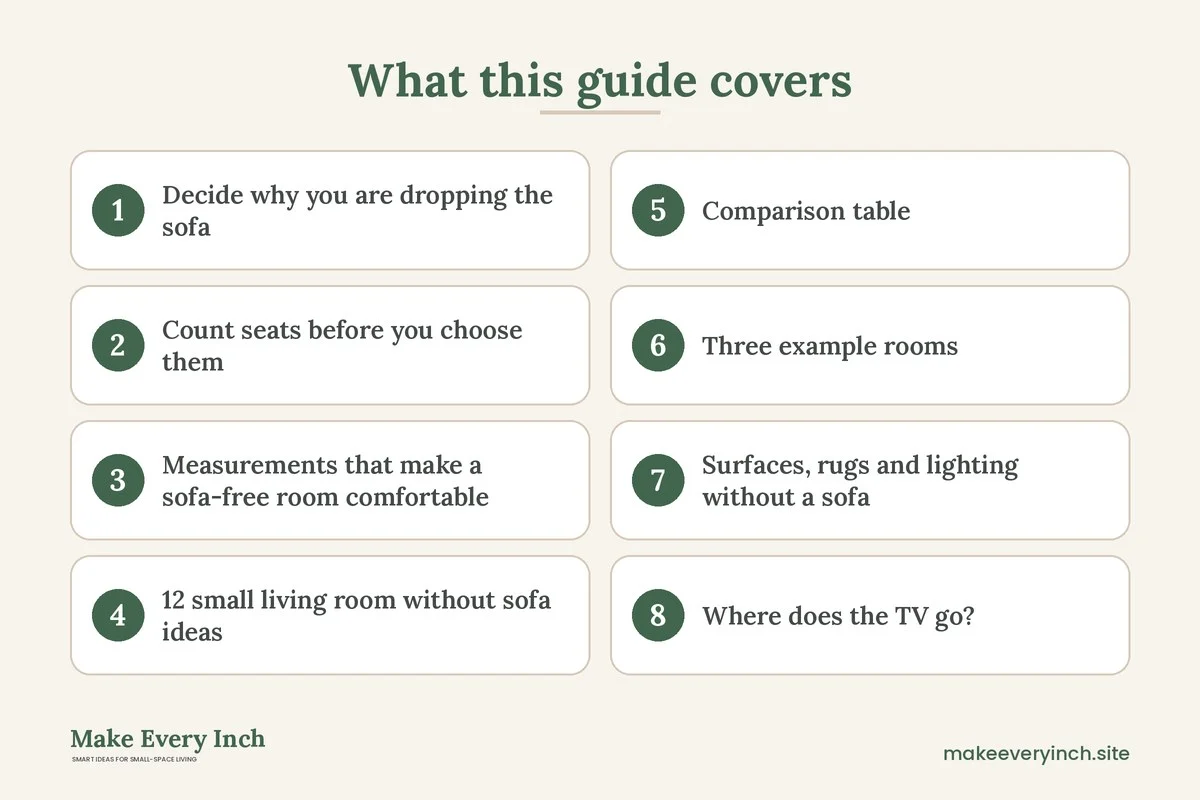 Graphic listing 8 topics covered in: Small Living Room Ideas Without a Sofa