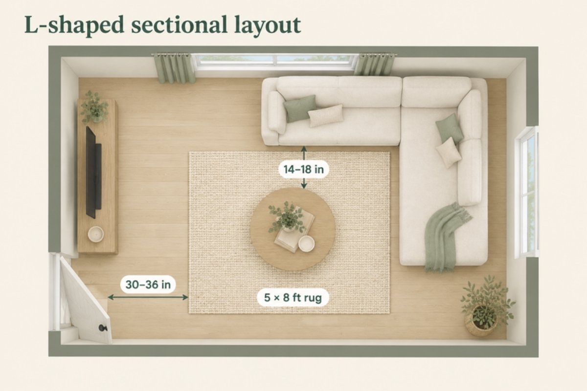 Top-down diagram of a small living room with an L-shaped sectional, round coffee table on a 5 by 8 ft rug, 14–18 in gap to the table and a 30–36 in walkway
