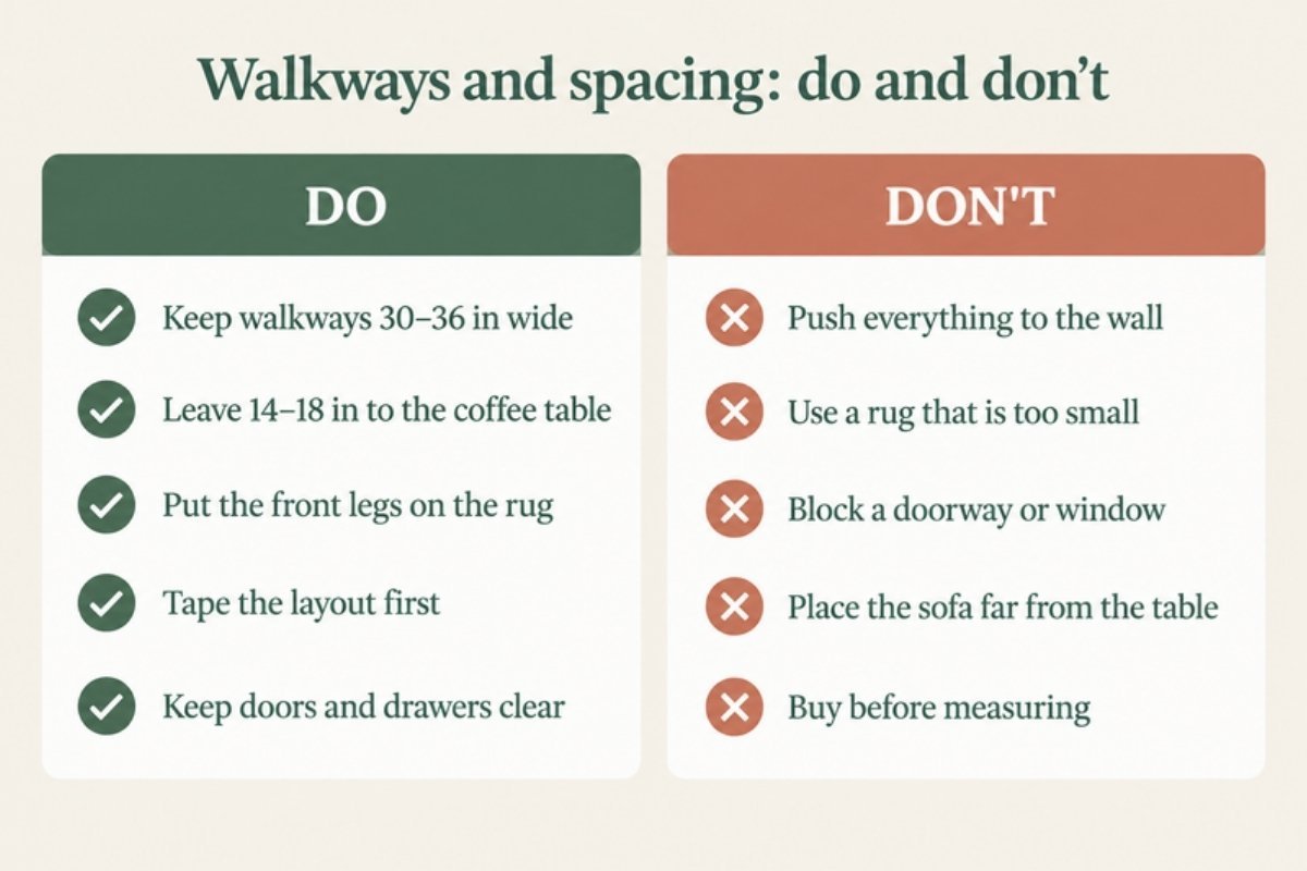 Do and don't checklist for small living room walkways and spacing