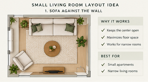 Floor plan guide for a small living room layout with the sofa against the wall, showing why it works and what rooms it suits