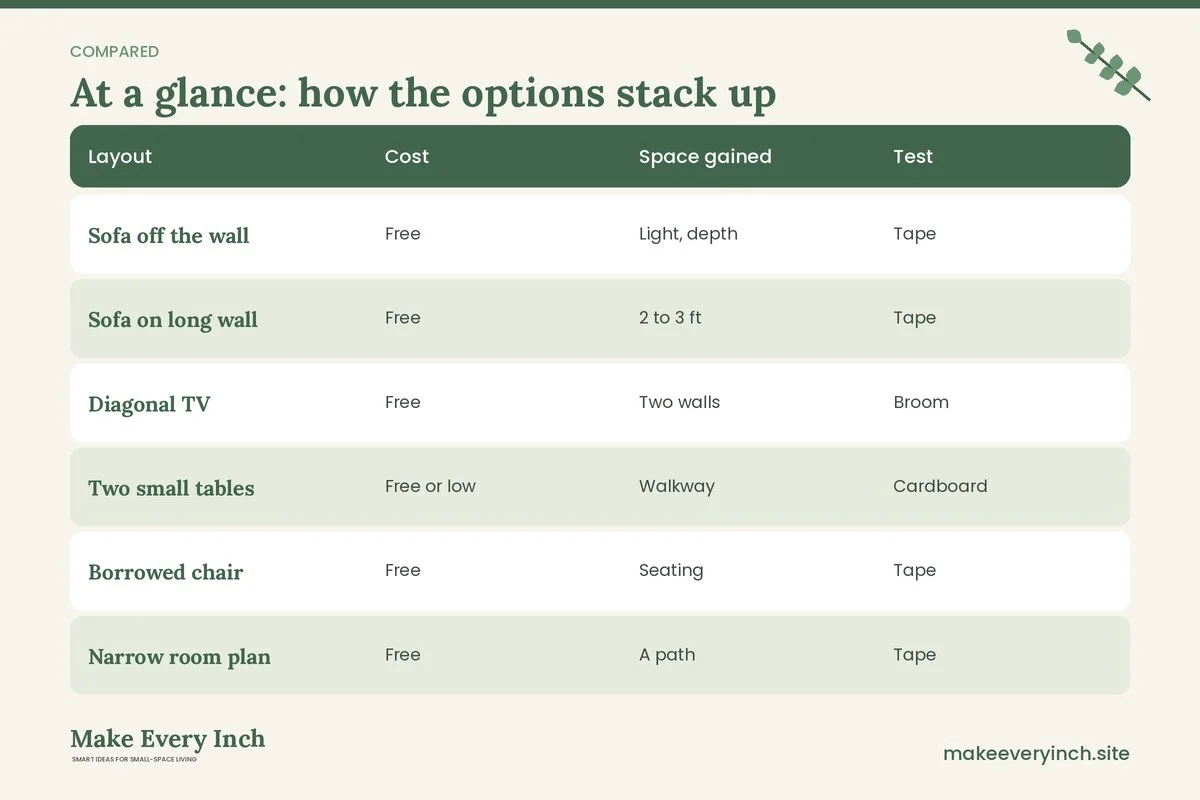Comparison table of options for: 15 Small Living Room Layout Ideas Budget Rooms Can Copy (Layout, Cost, Space gained, Test)