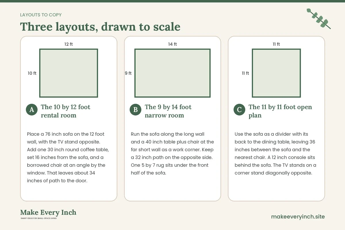Three room layouts drawn to scale with dimensions and placement notes for: 15 Small Living Room Layout Ideas Budget Rooms Can Copy
