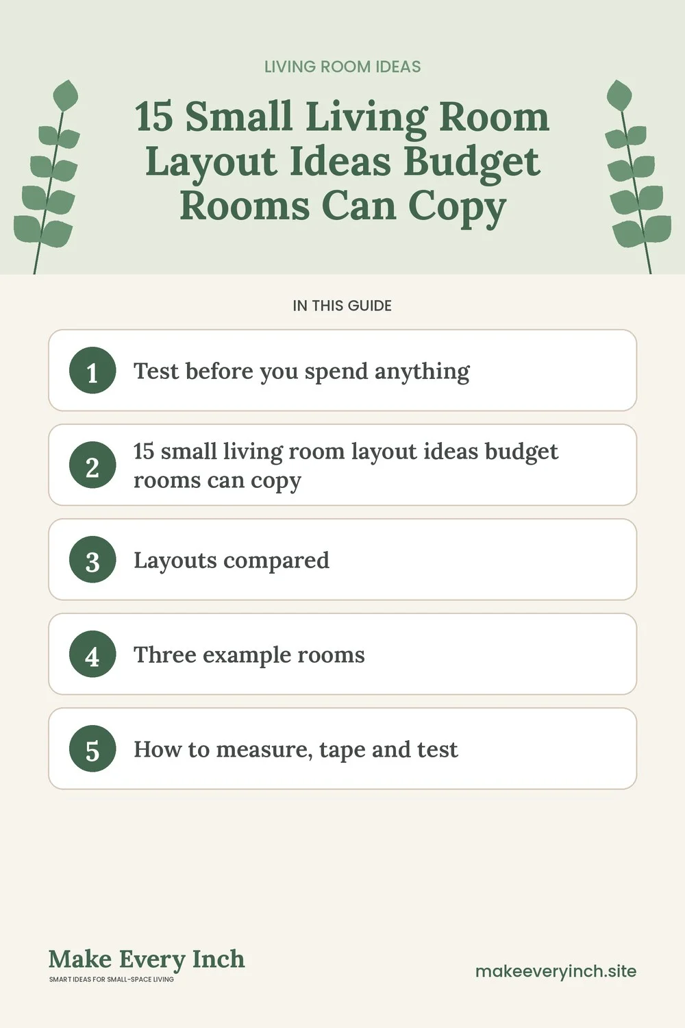 Pinterest pin listing the main topics in: 15 Small Living Room Layout Ideas Budget Rooms Can Copy