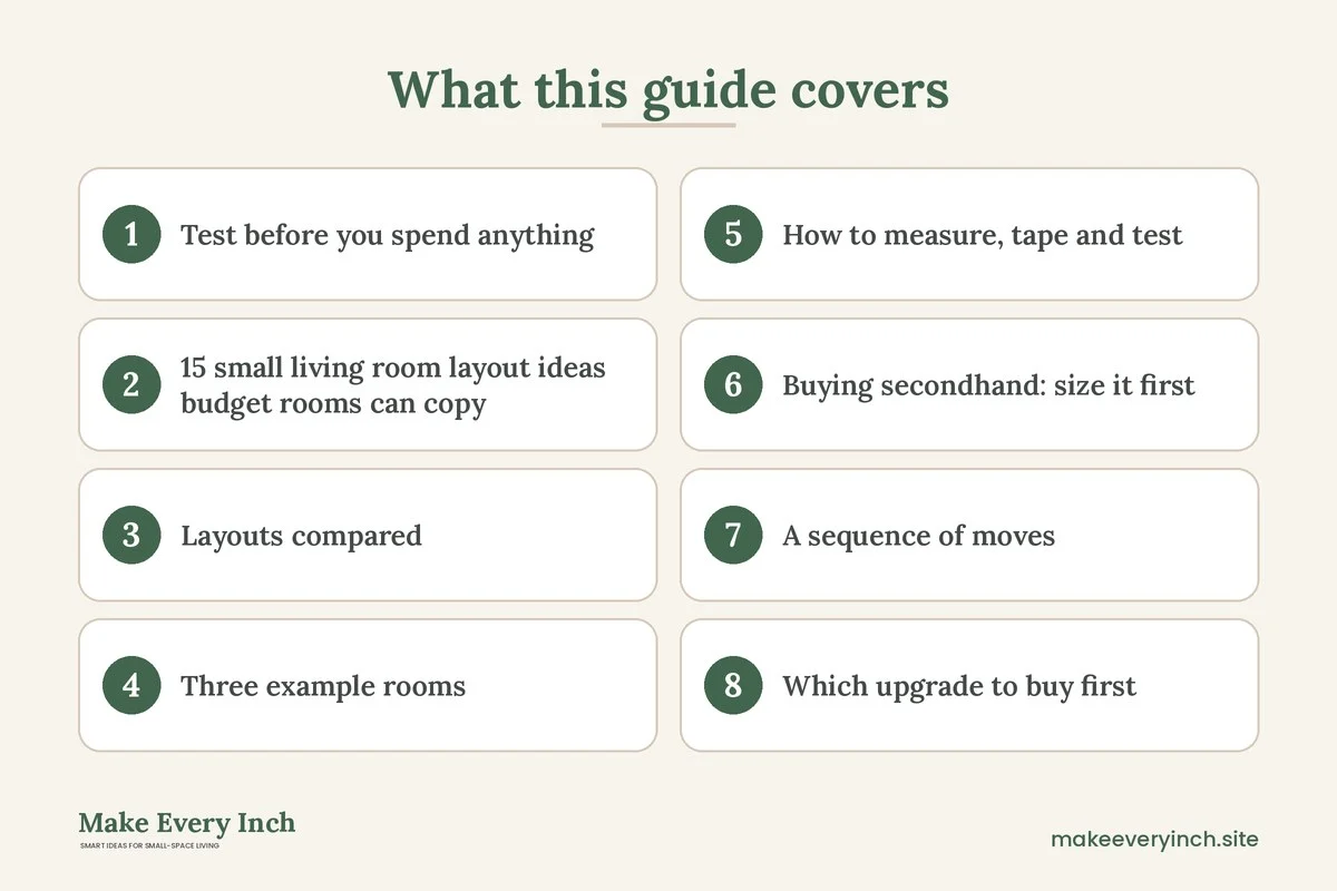 Graphic listing 8 topics covered in: 15 Small Living Room Layout Ideas Budget Rooms Can Copy