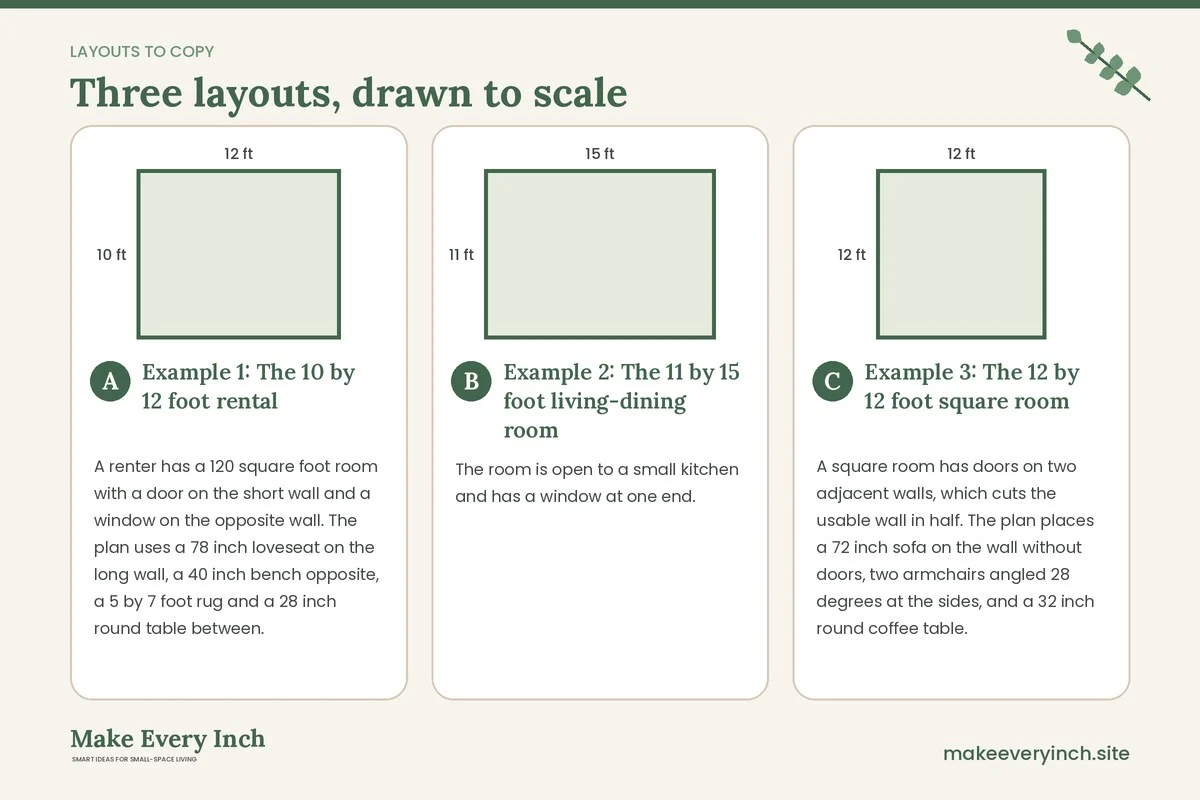 Three room layouts drawn to scale with dimensions and placement notes for: 15 Small Living Room Layout Ideas Cozy Rooms Rely On