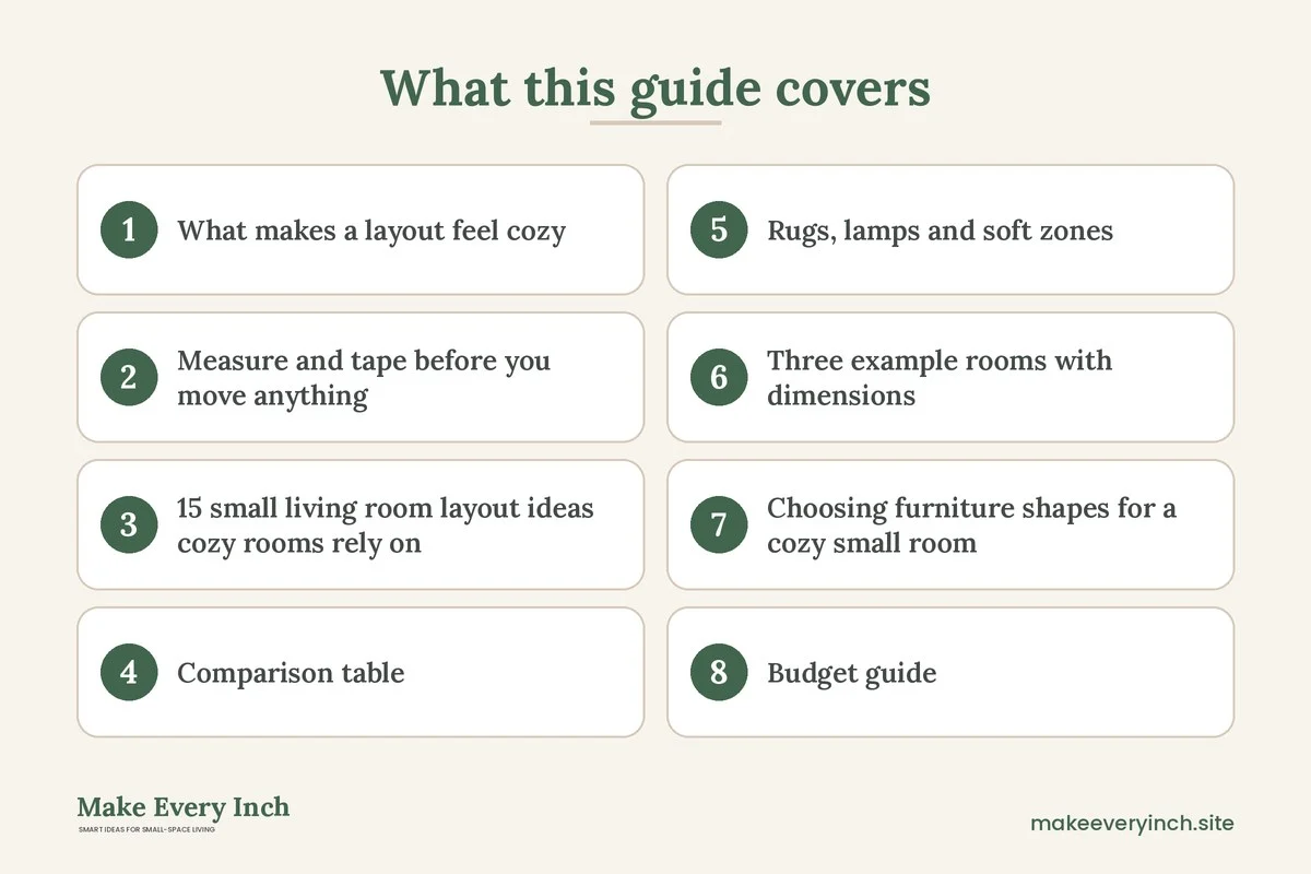 Graphic listing 8 topics covered in: 15 Small Living Room Layout Ideas Cozy Rooms Rely On