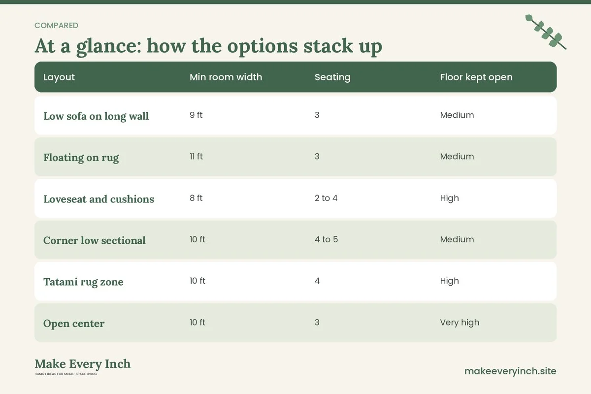 Comparison table of options for: 15 Small Living Room Layout Ideas Japandi Rooms Rely On (Layout, Min room width, Seating, Floor kept open)
