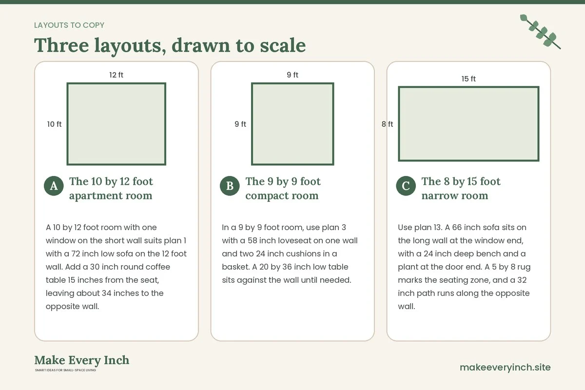 Three room layouts drawn to scale with dimensions and placement notes for: 15 Small Living Room Layout Ideas Japandi Rooms Rely On