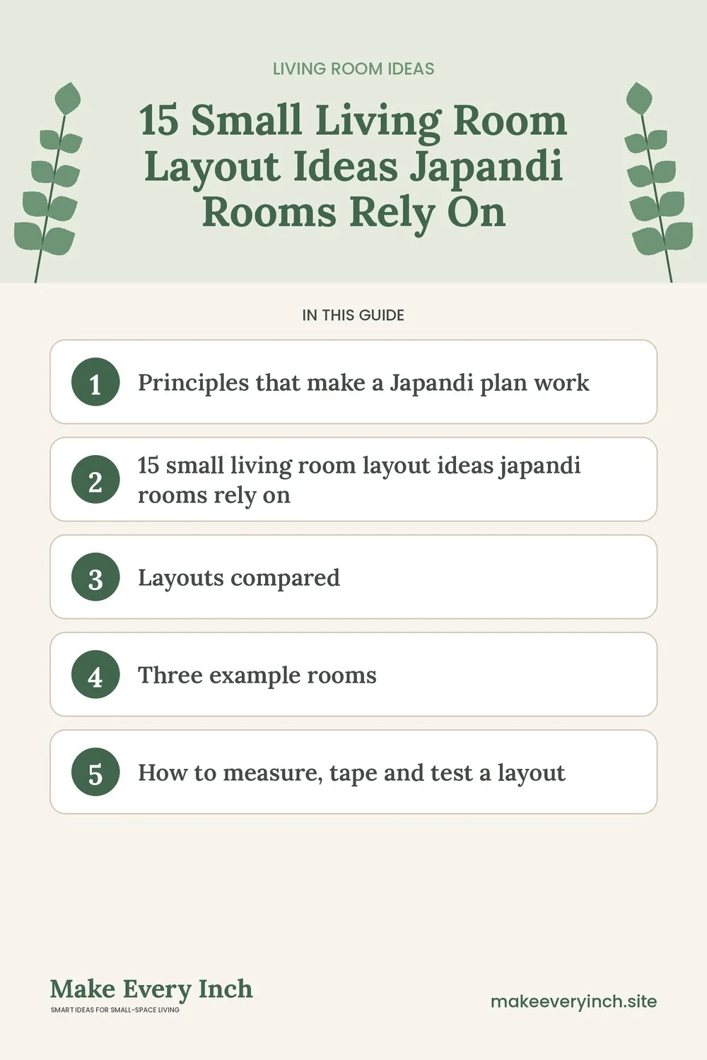 Pinterest pin listing the main topics in: 15 Small Living Room Layout Ideas Japandi Rooms Rely On