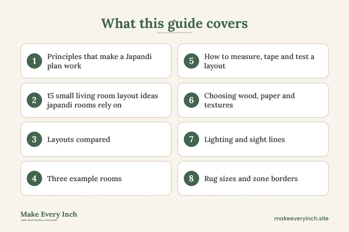 Graphic listing 8 topics covered in: 15 Small Living Room Layout Ideas Japandi Rooms Rely On